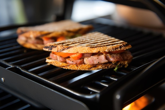 Foto colpo del primo piano di una salsiccia grigliata in una pressa per sandwich