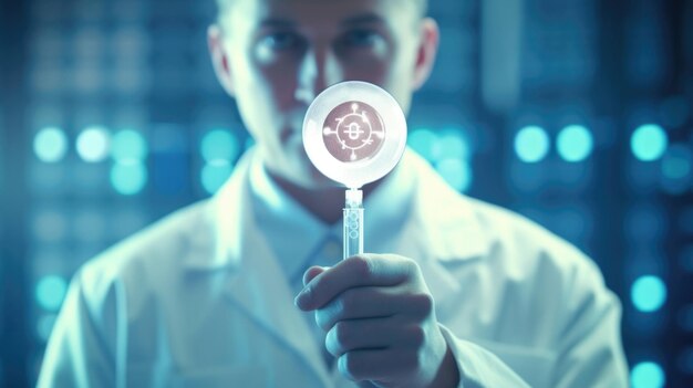 A closeup shot of a scientist in a lab coat holding a test tube with an embryonic sample with a