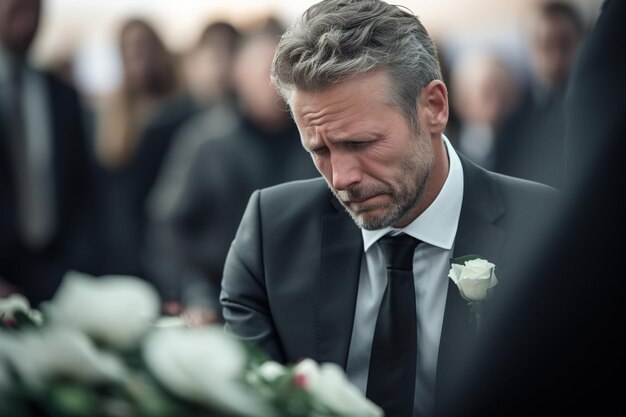 closeup shot of a senior man in front of a funeral bouquet