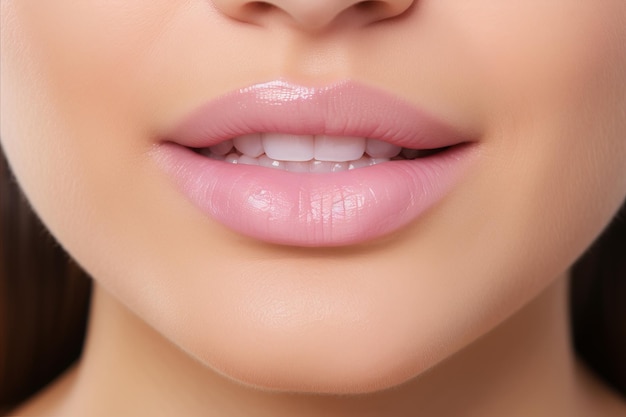 Closeup shot of sexy woman with stunning glossy pink lips perfect for beauty and cosmetic concepts