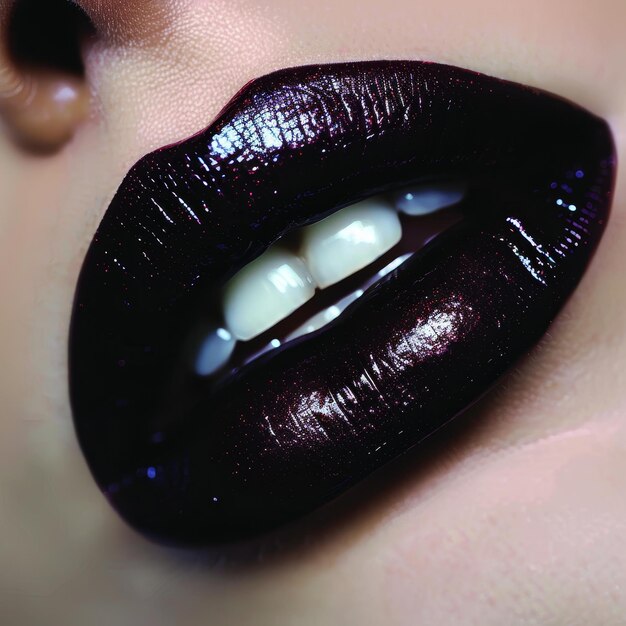 Photo closeup shot showcasing a womans lips with a vampy deep plum shade a vampy lip color in a deep rich shade of plum