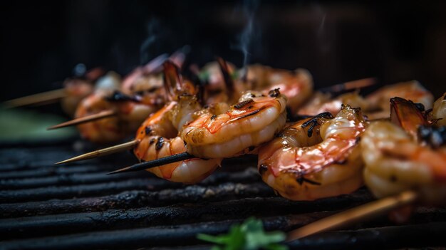 Closeup shot of a shrimp skewer grilled to perfection bursting with succulent flavors