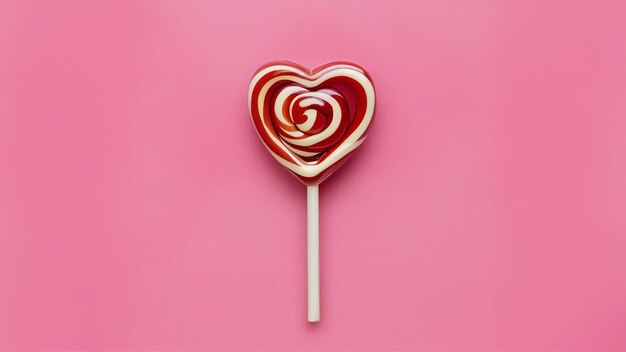 Photo closeup shot of a single heart shaped lollipop on a pink background