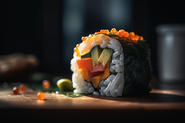 Closeup shot of a single sushi roll with salmon Generative AI