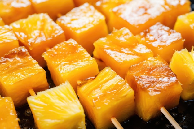 Closeup shot of skewers showing texture of pineapple chunks