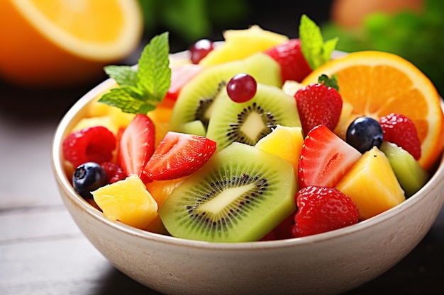 Closeup shot of sliced pear in a fruit salad