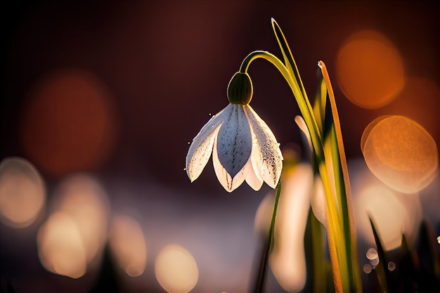 A closeup shot of a snowdrop with bokeh of other winter flowers in the background