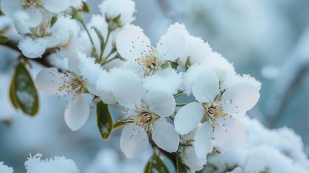 雪の塵で覆われた木の花のクローズアップ写真