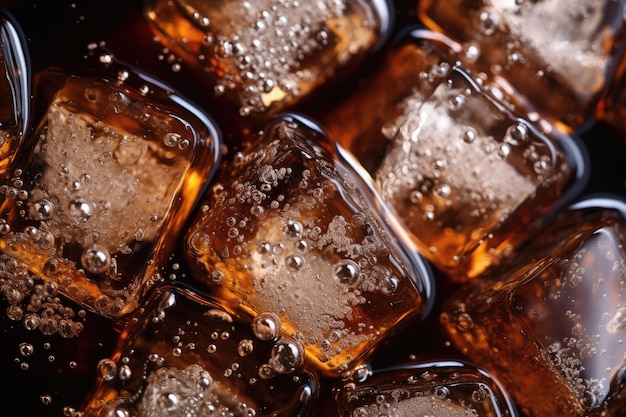 Closeup shot of Soda bubbles in a cola with ice in glass