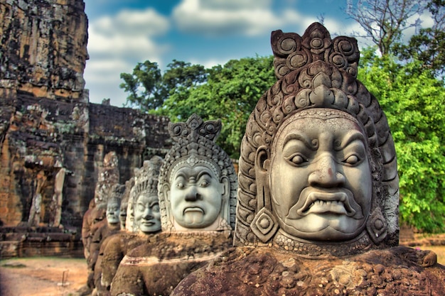 Closeup shot of statues near the Angkor Wat in Siem Reap, Cambodia