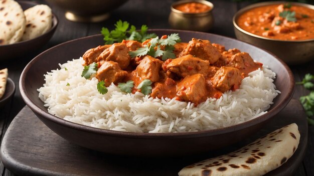 A closeup shot of a steaming bowl filled with chicken tikka masala served with a side of fragrant