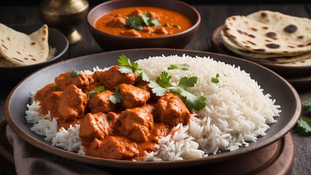 A closeup shot of a steaming bowl filled with chicken tikka masala served with a side of fragrant