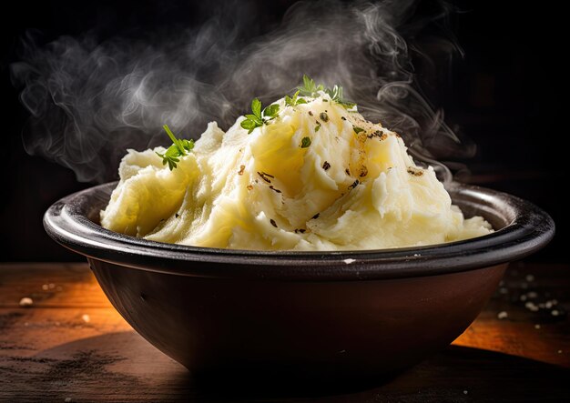 Photo a closeup shot of a steaming bowl of mashed potatoes captured from a high angle to showcase its cr