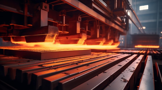 Closeup shot of a steel rolling mill capturing the mechanical processes of heating rolling and