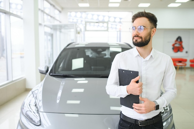 Foto colpo del primo piano di assistente di negozio maschio caucasico sorridente fiducioso di successo che tiene appunti in abiti formali al negozio di concessionario di automobili