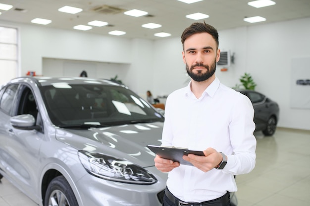 Closeup shot of successful confident smiling caucasian male shop assistant holding clipboard in formal clothes at automobile car dealer shop