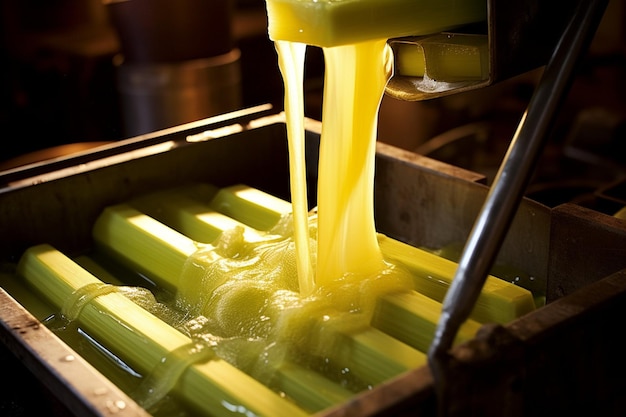Foto una ripresa ravvicinata del succo di canna da zucchero che viene versato sul ghiaccio in un shaker per cocktail