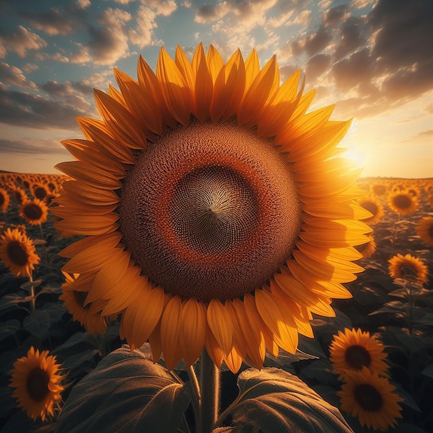 Closeup shot of a sunflower head with the field of many on the surface