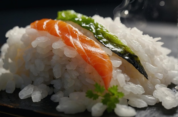 Closeup shot of sushi rice being seasoned with vinegar