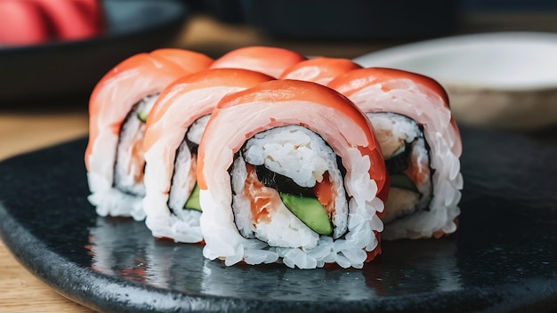 Closeup shot of a sushi roll on a black stone plate