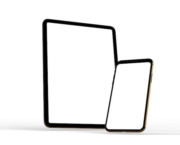 Closeup shot of a tablet and a smartphone with a plain white screen on a white background