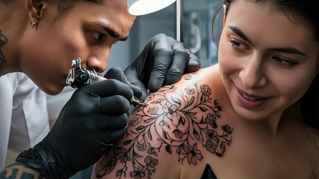 Closeup shot of a tattoo artist placing a design on a clients shoulder