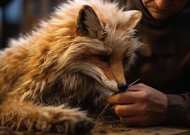 A closeup shot of a taxidermist delicately stitching together the fur of a lifelike fox capturing