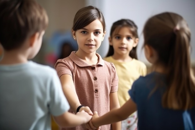 Closeup shot of a teacher guiding her students by holding their hands created with generative ai