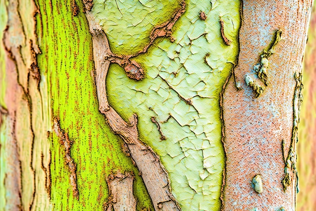 Closeup shot of the texture of a tree bark with green moss and cracks Generated by AI