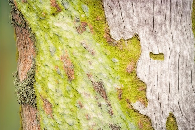 Closeup shot of the texture of a tree bark with green moss and cracks Generated by AI