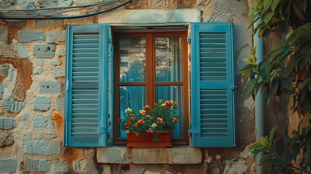 Closeup shot of the textured exterior window of a historic Mediterranean village in Europe