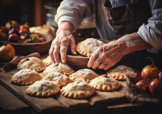 갓 구운 파이를 러스티 위에 섬세하게 배열하는 추수감사절 순례자의 손을 클로즈업한 사진
