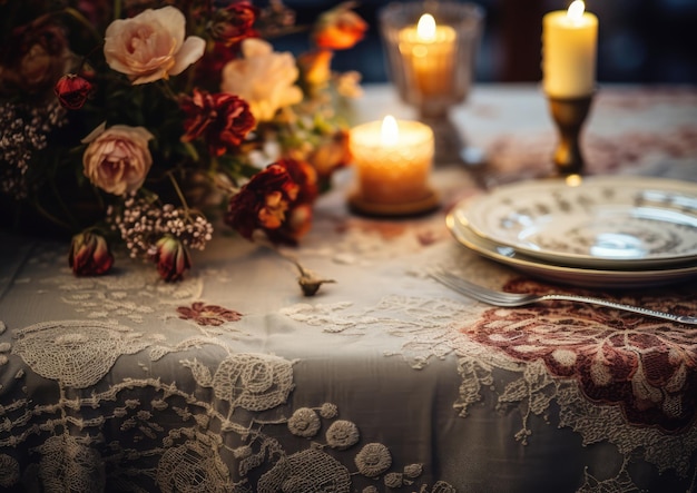 A closeup shot of a Thanksgiving tablescape focusing on a beautifully decorated tablecloth with in