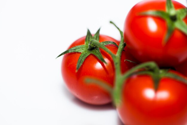 Colpo del primo piano di pomodori su sfondo bianco