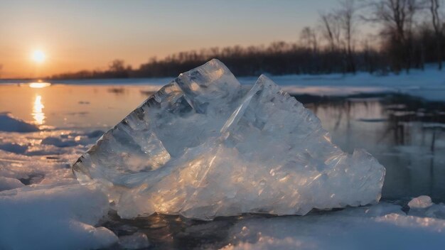 凍った野生の湖岸で輝く透明な透明な氷のクローズアップ写真