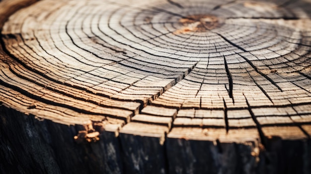 A closeup shot of a tree trunk with rings indicating its age