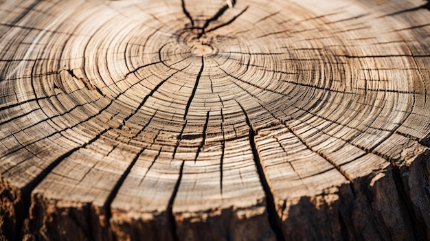 A closeup shot of a tree trunk with rings indicating its age