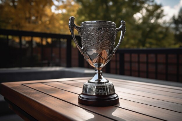 Closeup shot of a trophy on a table outside created with generative ai