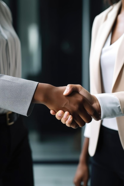 Closeup shot of two people shaking hands in an office created with generative ai