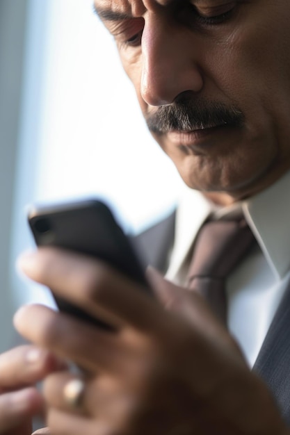 closeup shot of an unrecognisable businessman using a cell phone in an office created with generative ai