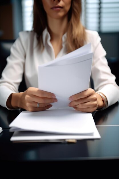 closeup shot of an unrecognisable businesswoman holding a document at her desk created with generative ai