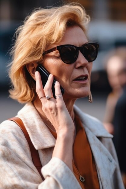 Близкий кадр неизвестной женщины, разговаривающей по мобильному телефону на публике, созданный с помощью генеративного искусственного интеллекта