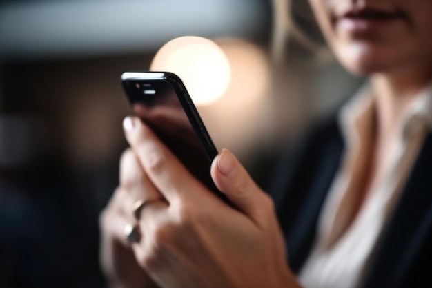 Closeup shot of an unrecognisable woman using a cellphone in an office created with generative ai