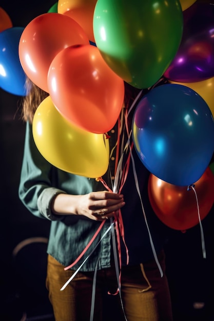 Foto colpo del primo piano di una donna irriconoscibile che tiene un mazzo di palloncini a una festa