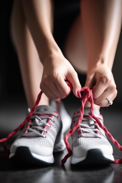 Closeup shot of an unrecognizable woman tying her shoelaces in a gym created with generative ai