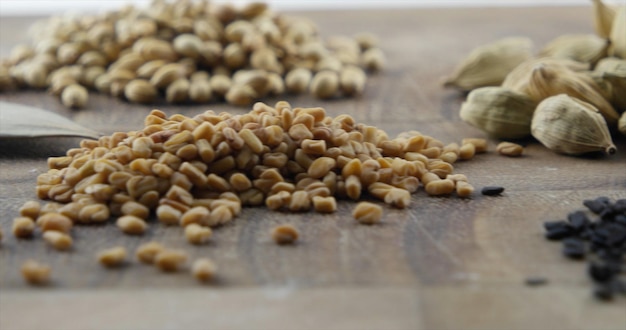 Closeup shot of various seeds and spices for masala dish