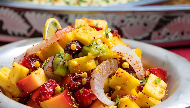 A closeup shot of a vibrant fruit chaat sprinkled with chaat masala