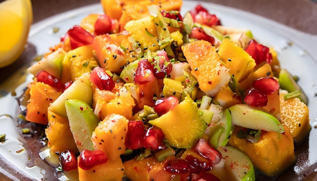A closeup shot of a vibrant fruit chaat sprinkled with chaat masala
