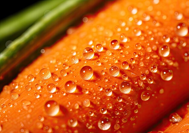 A closeup shot of a vibrant orange carrot with dewdrops glistening on its surface captured using