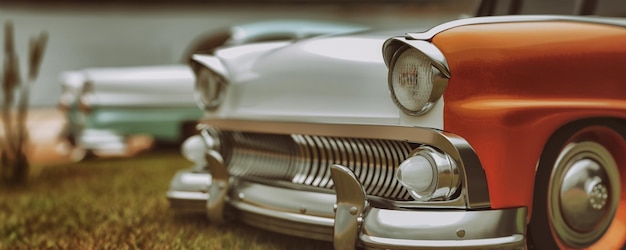Closeup shot of a vintage car in cream and orange colors
